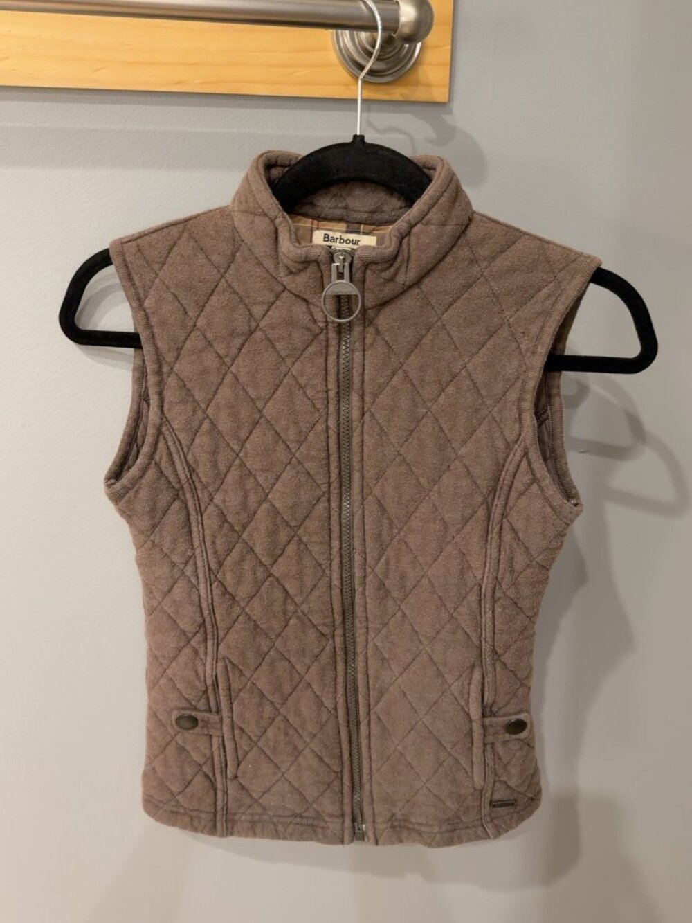 Barbour Wool Cotton Diamond Quilted Vest, Brown, Size 8